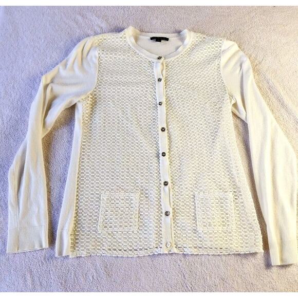 Tommy Hilfiger White Cardigan Sweater Size S Y2K Open Weave Crochet Button Front - Picture 11 of 11